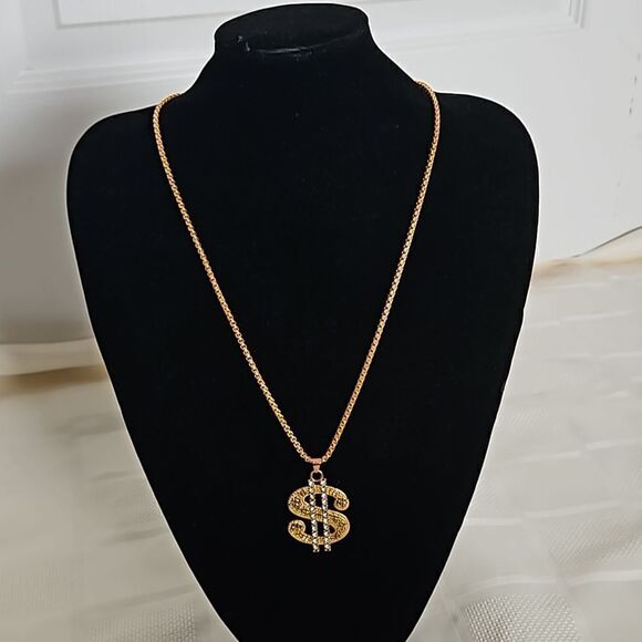 Men's Gold Plated Dollar Sign Pendant Chain 13" - Picture 14 of 16